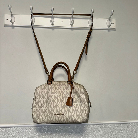 Michael Kors Monogram Kirby Satchel Bag Beige/Brown Vanilla/Acorn MK Logo Purse - Picture 2 of 16